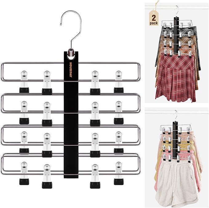 HOUSE DAY Skirt Hangers Space Saving 2 Pack, Double Row 4-Tier Non-Slip Hangers with Clips for Skirts, Shorts, and Pants - Lotus Wood Clip Hanger for Women - Closet Organizers and Storage (Black)