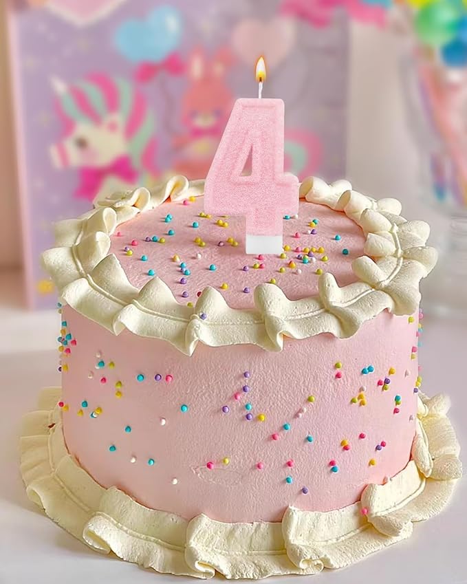 Birthday Candles for Cake, Pink Number Candles, Cake Candles with Greeting Card for Birthday Party Wedding Anniversary Celebrations (Bright Pink 4 Candle)