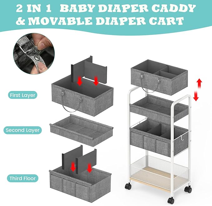 2In1 Baby Diaper Caddy & 3-Tier Rolling Diaper Cart, Diaper Caddy Organizer Cart with Dividers, Metal Detachable Bedside Cart for Baby Nursery Essentials, Large Capacity, Easy to Assemble, White