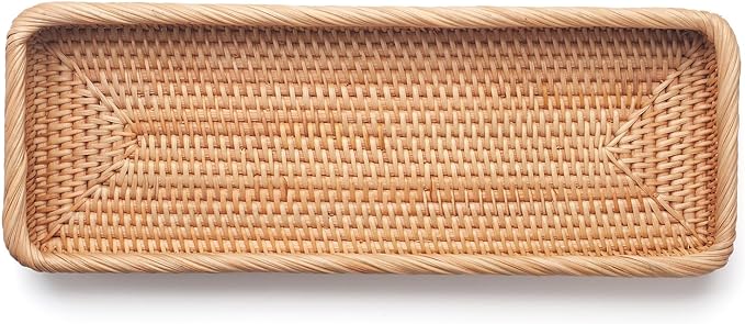 Rattan Bathroom Vanity Tray, Toilet Tank Basket Tray for Paper Hand Towel, Bathroom Counter Tray for Organizing and Decor (Natural, 16.3" x 6.1" x 2")