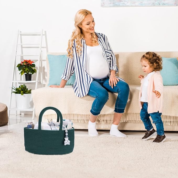 Baby Diaper Caddy Organizer for Girl Boy Rope Nursery Storage Bin Basket Portable Holder Tote Bag for Changing Table Car Travel Baby Shower Gifts Newborn Essentials Registry Must Have Items Dark Green