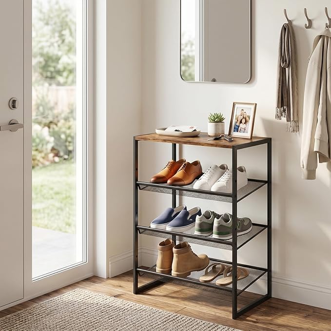 Shoe Rack，4 Tier Shoe Storage Organizer，Sturdy Shoe Shelf,Boot Rack with a Fine Mesh Shelves，for Entryway, Living Room, Hallway，Small Space,11.8 x 16.5 x 27.9 Inches,Brown
