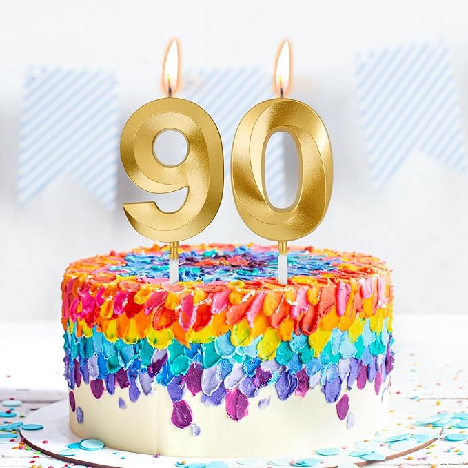 Birthday Candles, 1.96 Inch Number 90 Happy Birthday Candles, Number Candles Decoration for Birthday Party and Anniversary Celebration(Champagne Gold)