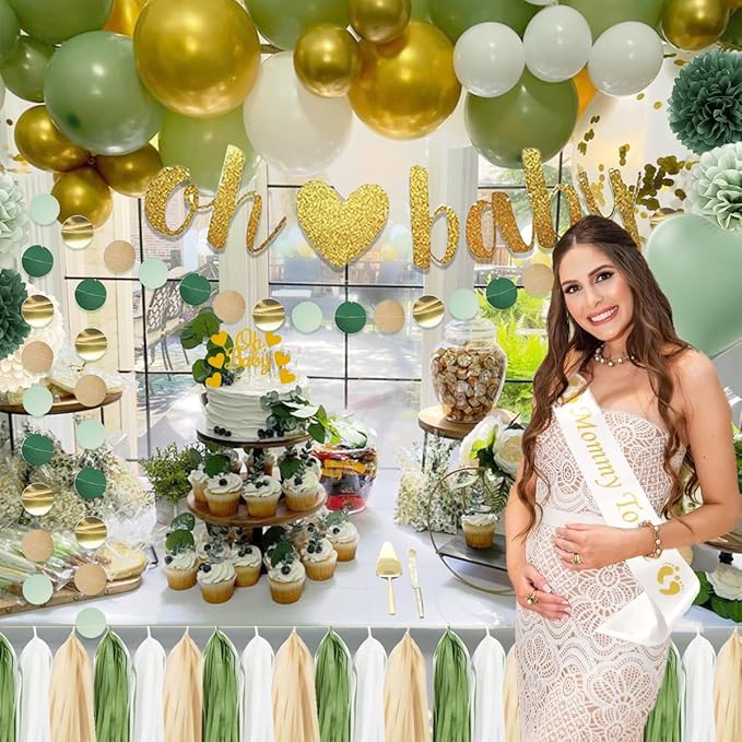 Baby Shower Decoration, Sage Green Gender Neutral Baby Shower Party Decorations with Balloons, Oh Baby Banner, Pom Poms, Cake Topper, Confetti, Mom To Be Shoulder Sash for Boy Girl Baby Showers Decor