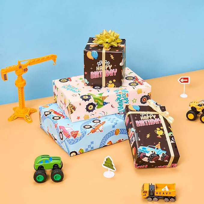 WERNNSAI Monster Truck Wrapping Paper Rolls - 3 Short Rolls 17 in x 120in Monster Jam Truck Birthday Gift Wrapping Paper for KIds Boys Birthday Racing Theme Party Decorative Supply,Beige Blue Brown Gift Papers with Cut Lines