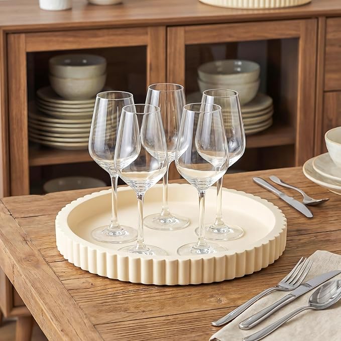 Yalikop Round Concrete Decorative Tray for Coffee Table Decoration 12" Modern Cream White Table Centerpieces Decorative Ottoman Tray for Serve Home Decoration Accent Bandejas Decorativas Gift