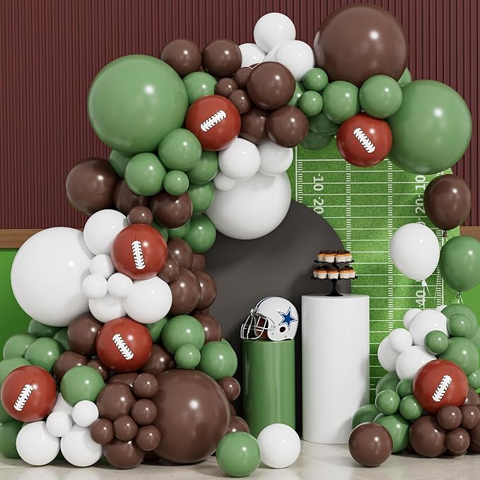 Football Balloon Garland Arch Kit, 132Pcs Green and Brown Balloons Football Printed Balloons Sage Green White Latex Balloon for Touch Down Rugby Birthday Sports Theme Party Decorations