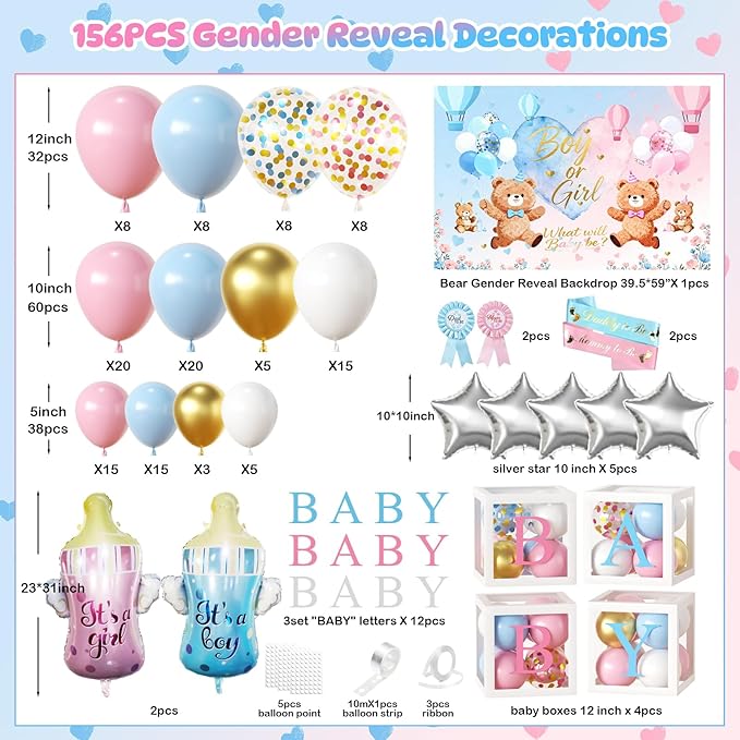 Bear Gender Reveal Baby Shower Decorations Party Kit,167pcs Pink Blue Balloon Garland Arch,Backdrop,Balloon Boxes,and Cute Gender Reveal Supplies for Boy or Girl Baby Shower,Gender Reveal Party