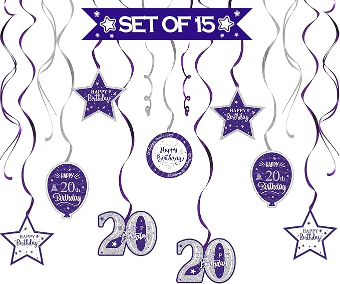 Happy 20th Birthday Purple & Silver Glitter Swirls Streamers Party Decorations - 15 Pcs 20th Birthday Hanging Swirls Streamers Kit,Cheers to Twenty Years Old Bday Party Sign.