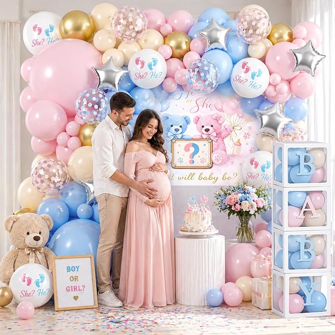 Baby Gender Reveal Decorations Kit, Bear Theme Balloon Garland with Backdrop, 136 PCS He or She Gender Reveal Party Supplies With 4Pcs Baby Boxes for Pink and Blue Baby Shower