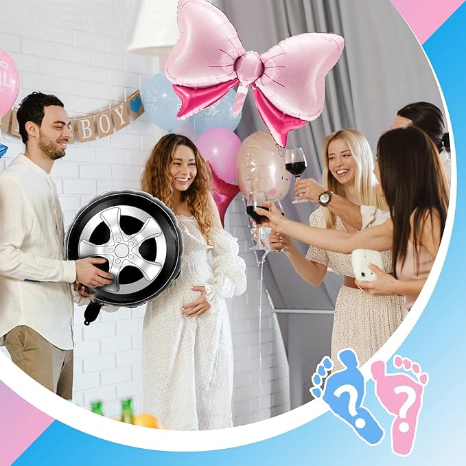 12 Pieces Burnouts or Bow Foil Balloons Black Car Wheel Gender Reveal Pink Polka Dots Balloons for Baby Shower Gender Reveal Wedding Birthday Party Decoration