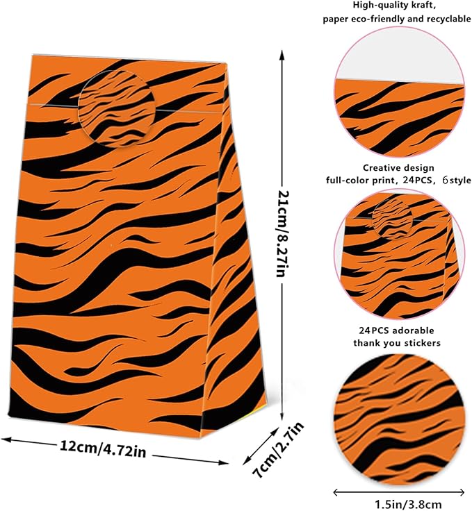 24 Pcs Animal Print Goodie Bags Wildlife Print Gift Bags with Stickers -Wild Life Animal Themed Birthday Party Favor Bags, Leopard Tiger Zebra Giraffe Pattern for Animal Themed for Party Decoration Supplies