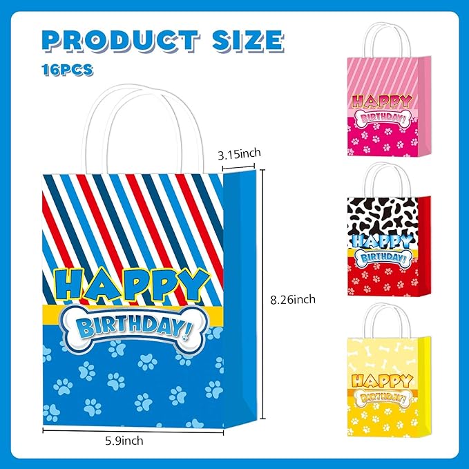 YiBodollar 16pcs Cartoon Dog Paw Party Gift Bags Colorful Birthday Goodie Gift Boxes for Kids Boys Girls Birthday Party Favors Decorations