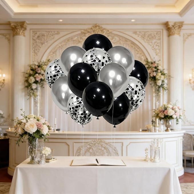 Black and Silver Balloons, 50pcs 12inch Metallic Chrome Silver Latex Balloons with Silver and Black Confetti Balloons for Birthday Wedding New Year Graduation Party Decorations