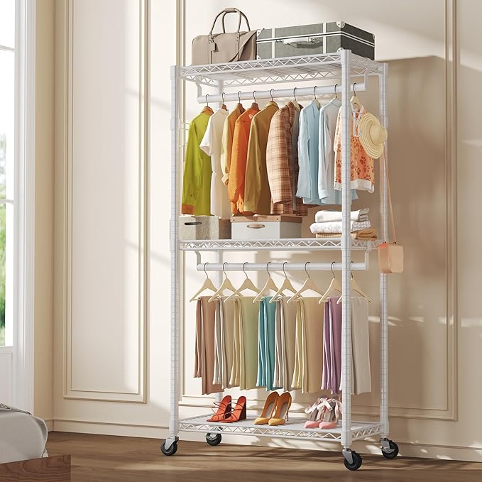 NEWBULIG Heavy Duty Adjustable Clothes Rack with Wheels, Adjustable Rolling Metal Freestanding Garment Closet Organizer with Double Rods & 2 Side Hooks for Hanging Clothes, 35" x 15" x 75", White