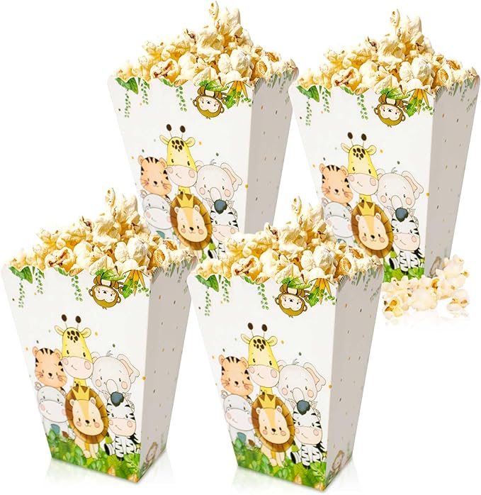 BACH AND BOUJEE 12Pcs Safari Animal Popcorn Boxes Jungle Safari Goodie Candy Boxes Jungle Wild One Birthday Party Favors Gift Bags Safari Baby Shower Decorations Zoo Animal Party Supplies