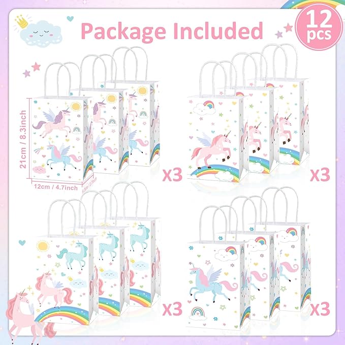 12Pcs Unicorn Party Favor Gift Bags with Handles Pastel Rainbow themed Goodie Bags Candy Bag for Birthday Party Decorations Paper Unicorn Gift Treat Bag for Kids Girl Baby Shower Parties Supplies