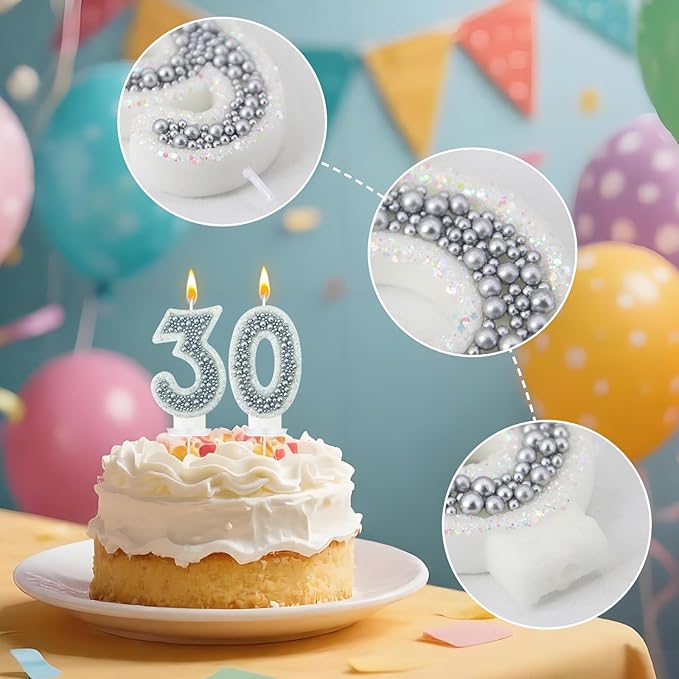 30 Birthday Number Candle for Cake, Glitter Number Candle with Silver Beads, Decorative Cake Topper for Milestone Celebrations