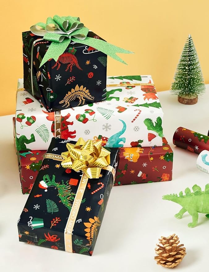 WERNNSAI Christmas Kids Wrapping Paper - 3 Rolls 17" x 120" Kids Christmas Dinosaur Wrapping Paper Rolls Boys Christmas Wrapping Papers Christmas Birthday Gift Wrap Paper with Cutting Line