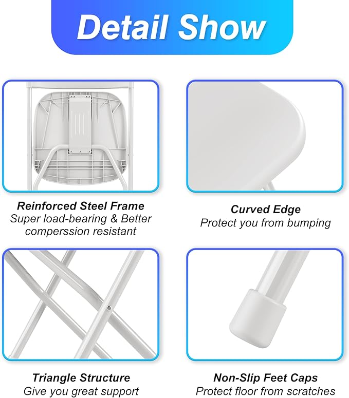 Allpop 5 Pack Plastic Folding Chair, 300lb Capacity, Portable Commercial Chair Seat with Steel Frame for Wedding Party Office Indoor Outdoor Events, Stackable, White