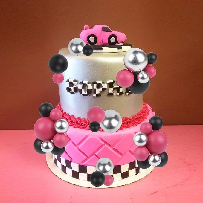 52 Pcs Cake Decorations - Rose Pink Black Silver Ball Dessert Picks, Cupcake Toppers for Girls Women, Birthday Party, Baby Shower, Gender Reveal Cake Supplies