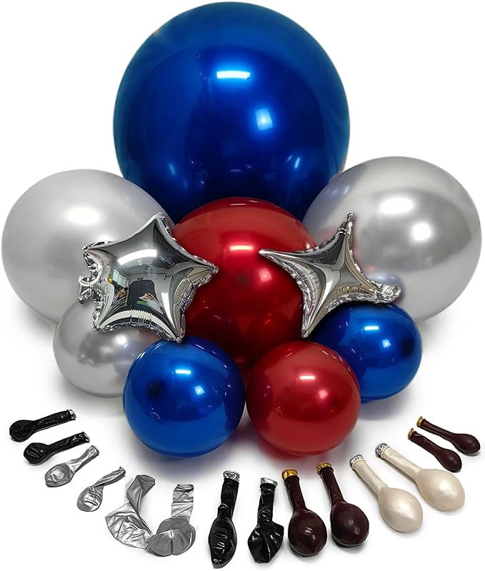 Red White Blue Balloon Arch Double Stuffed Burgundy Navy Blue Silver Pearl Balloons with 4 and 5 Corner Star Foil Balloon Garland for Graduation 4th Of July Patriot Independence Day Birthday Decor