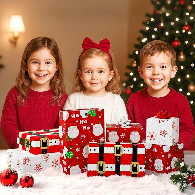 WERNNSAI Christmas Wrapping Paper Rolls - 3 Rolls 17”x 120”Red Christmas Wrapping Paper for Holiday Gift Packing Decorations Santa Claus and Snowflake Design Wrap Paper with Cutting Lines
