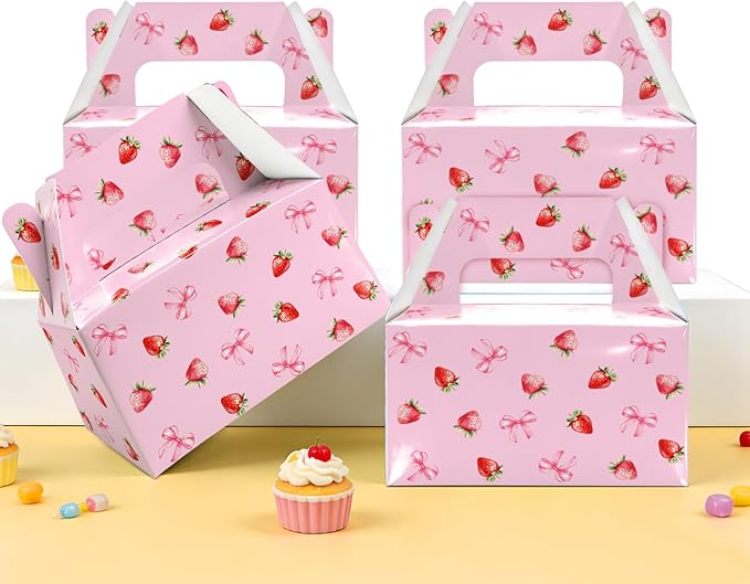 BGFMVS 12 Pack Candy Gift Boxes with Handles, Pink Strawberry Bow Party Favors for Birthdays & Parties, Suitable for Adults & Kids, Snack Holders for Cookies & Cupcakes, Pink Bow Decorations
