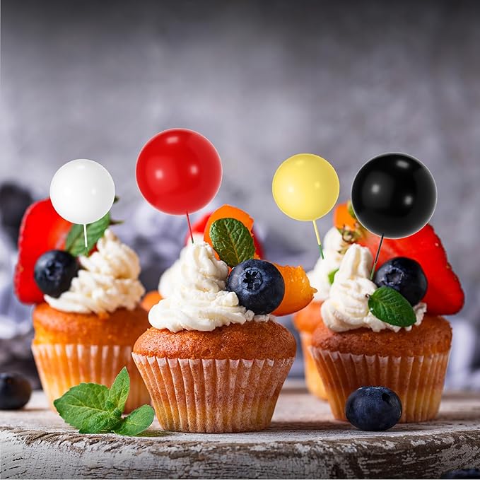 NACHLYNN 80 Pcs Cake Balls Decorations Mini Balloon Cake Topper Balls Foam Cupcake Toppers Balls for Cake Decorating Birthday Parties Weddings Anniversary (Red Yellow Black White)