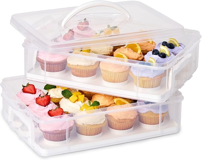 Snapware (2-Layer, 24 Cupcakes Plastic Detachable Cupcake Carrier Storage Container With Lid and Handle, Freezer Dishwasher Microwave Safe