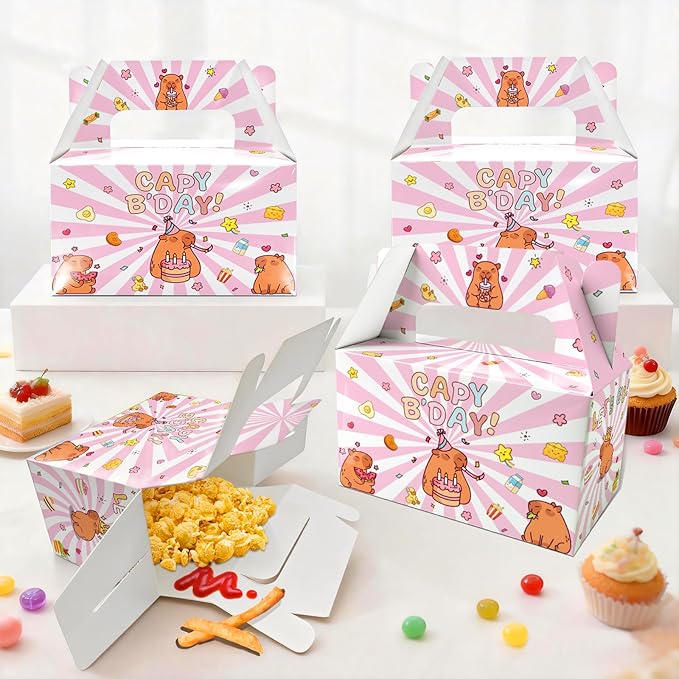 BGFMVS 12 Pack Pink Capybara Birthday Candy Boxes with Handles, Radiant Stripes Cake Gift Boxes for Adults Boys Girls Kids, Lovely Capybara Indoor Outdoor Birthday Party Favor Decorations