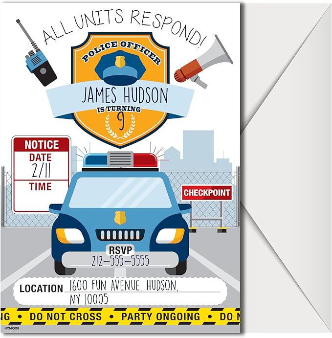 Police Party Invitations for Boys and Girls with Envelopes - (Pack of 20) - Police Themed Invites for Children and More. Fill in Style