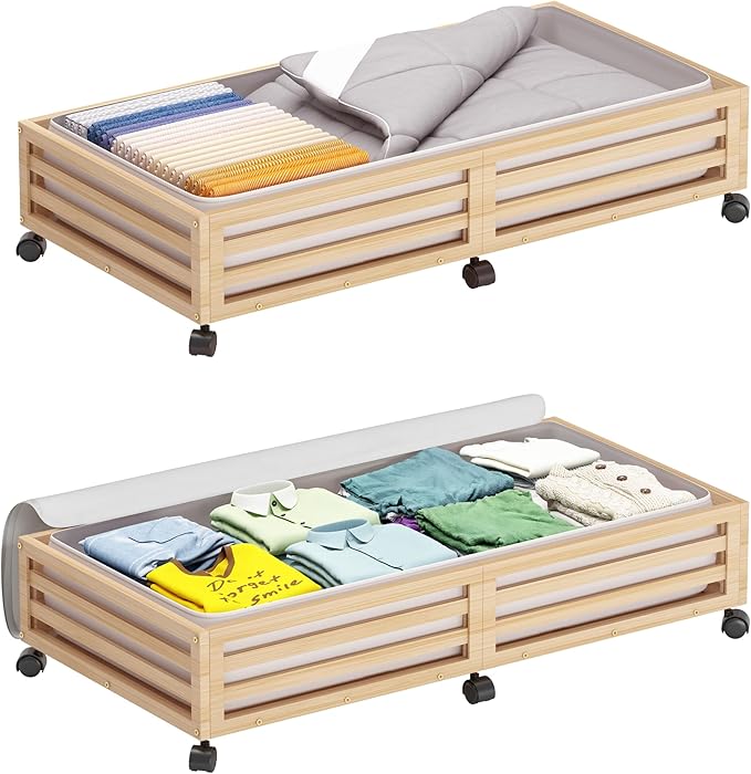 Bamboo Under Bed Storage Containers- Underbed Organizer with Wheels with Large Capacity Dust Bag,Sturdy Wood Rolling Under Bed Shoe Storage Organizer 2 Packs (Nature, 2 Packs (33.07"×16.54"))