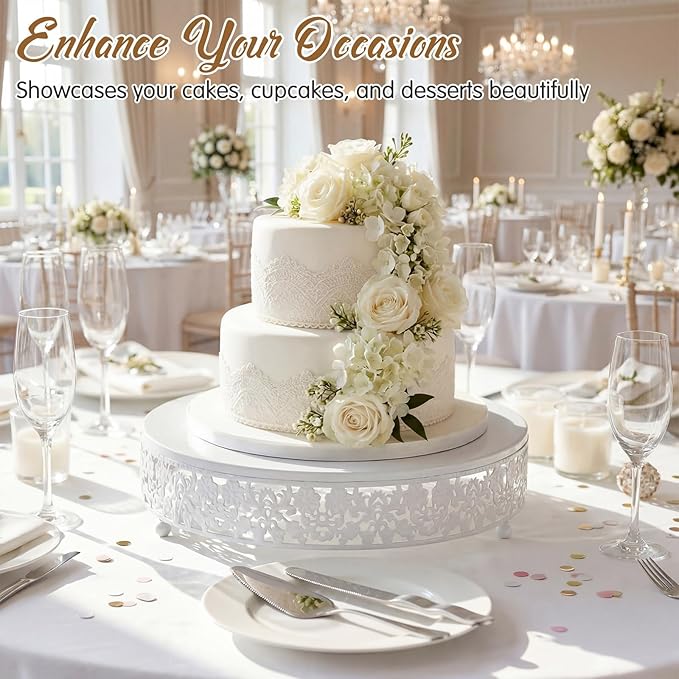 Wenqik 12 Inch White Cake Stand Set Metal Round Cupcake Dessert Stand with Cake Cutting, Spatula Wedding Cupcake Pastry Display Candy Holder Display for Wedding Party Birthday Baby Shower (Flower)