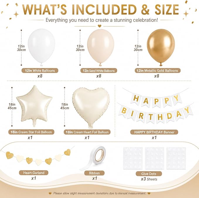 White and Gold Birthday Party Decorations for Women Girls Metallic Gold White Sand Balloon Set with Star Heart Foil Balloons Happy Birthday Bunting Banner Garland Neutral Cream Beige Party Decor Kit