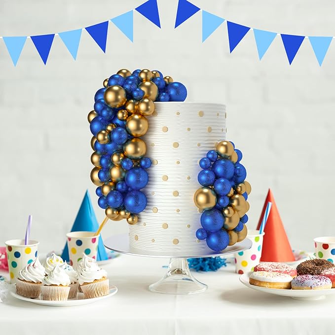 NACHLYNN 80 Pcs Cake Balls Decorations Mini Balloon Cake Topper Balls Foam Cupcake Toppers Balls for Cake Decorating Birthday Parties Weddings Anniversary (Glitter Royal Blue Gold)