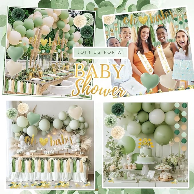 Baby Shower Decoration, Sage Green Gender Neutral Baby Shower Party Decorations with Balloons, Oh Baby Banner, Pom Poms, Cake Topper, Confetti, Mom To Be Shoulder Sash for Boy Girl Baby Showers Decor