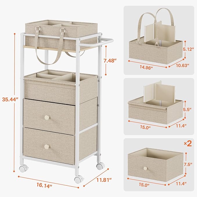 Modanais Baby Diaper Caddy Organizer Cart with Drawers - 3In1 Rolling Storage Cart with Wheels, Removable Diaper Caddy, Detachable Dividers - for Crib, Bedroom, Art & Craft Organizer (Off White)