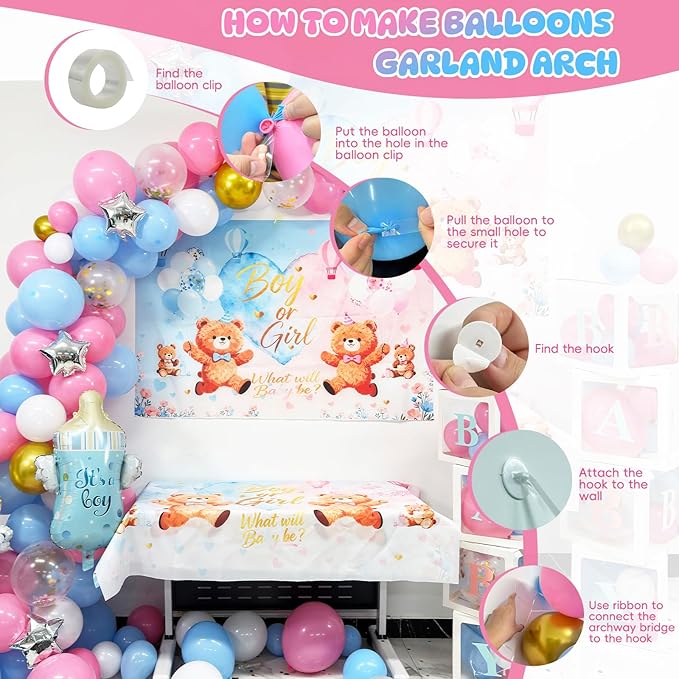 Bear Gender Reveal Baby Shower Decorations Party Kit,167pcs Pink Blue Balloon Garland Arch,Backdrop,Balloon Boxes,and Cute Gender Reveal Supplies for Boy or Girl Baby Shower,Gender Reveal Party