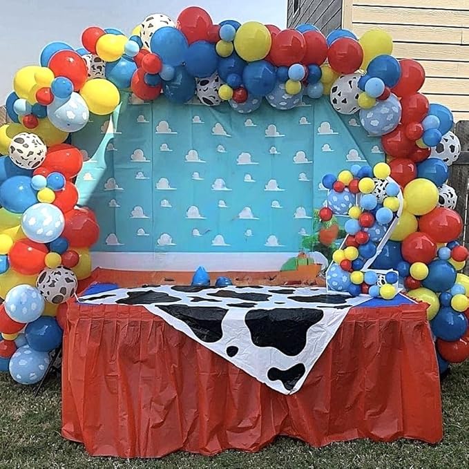 HILAVO Toy Inspired Story Balloons, 12 Inch Cow Print Sky Blue Cloud Balloons Red Blue Yellow Green Balloons for Kids Boys Halloween Birthday Party Farm Themed Party Decorations