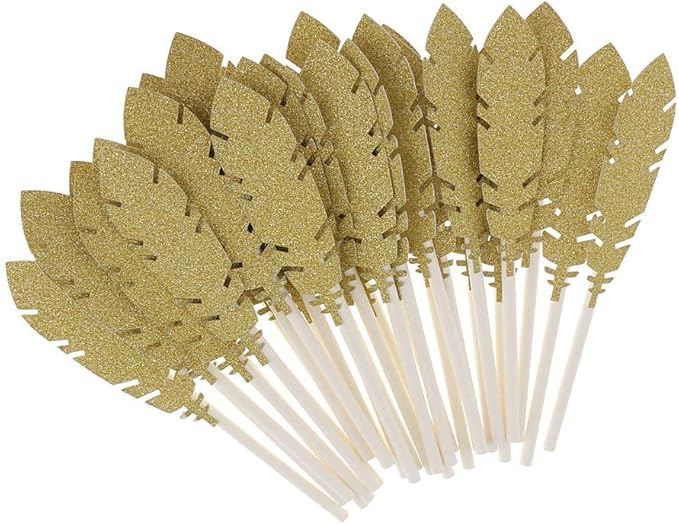 30pcs Feather Cake Toppers Cupcake Food Picks for Wedding Birthday Party Decoration - Golden