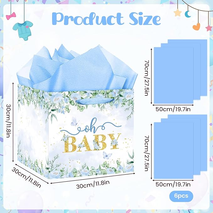 Woosytoo Extra Large Baby Boy Gift Bag, Baby Shower Square Gift Bags Blue Floral Wrapping Paper Bag Oh Baby Jumbo Gift Bags for Boys New Parents Gender Reveal Party Favors