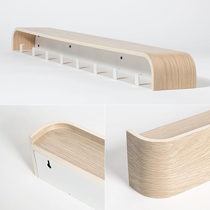 Kazai. Wall-Mounted Coat Rack 'Toke' - Modern Design Coat Rack with Hidden Wall Hooks - Solid Wood Veneer Panel Coat Hanger - Oak, White