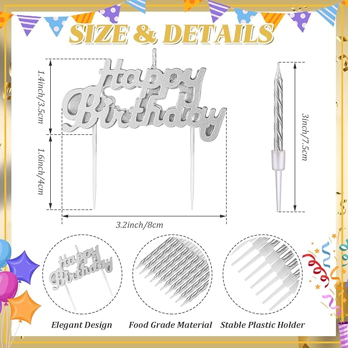 MTLEE Happy Birthday Candles Letter Cake Topper with 10 Pcs 2.95 Inch Short Thin Spiral Candles for Cake Topper Birthday Decoration Party Supplies(Silver)