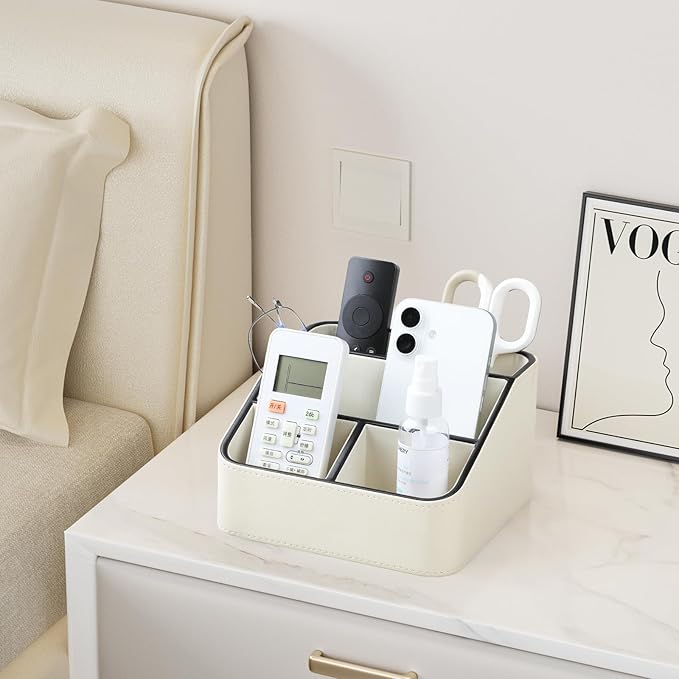 Remote Control Holder, PU Leather Small Desk Organizer with 4 Compartments, Nightstand Organizer Office Desk Accessories Desk Caddy for Countertop Bedside End Table (Cream)