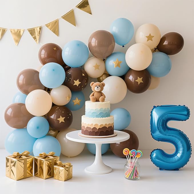 Blue and Brown Balloon Arch Kit, 127pcs Nude Coffee Blue and Brown Balloons in Different Sizes for Bear Baby Shower Decorations Gender Reveal Boys Birthday Party Decorations