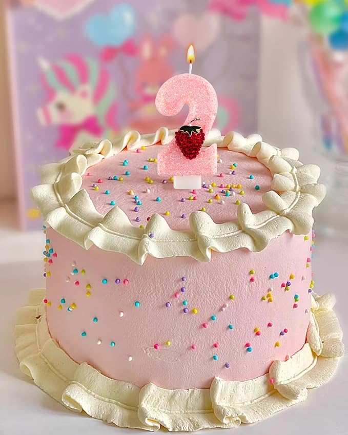 Birthday Candles for Cake, Pink Number Candles, Cake Candles with Greeting Card for Birthday Party Wedding Anniversary Celebrations (Strawberry 2 Candle)