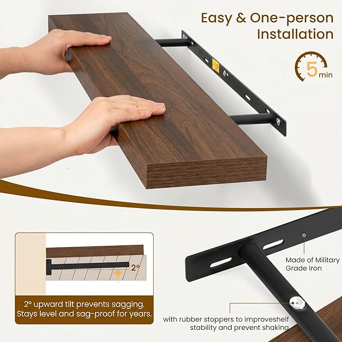 Dreamland 36Inch Floating Shelves for Wall, Rustic Wooden Walnut Floating Shelves for Bathroom|Bedroom|Kitchen, Deep Wall Mounted Book Shelf, Wood Storage Display Shelf for Home Decor, Set of 2