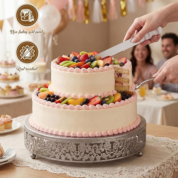 Wenqik 12 Inch Silver Cake Stand Set Metal Round Cupcake Dessert Stand with Cake Cutting, Spatula Wedding Cupcake Pastry Display Candy Holder Display for Wedding Party Birthday Baby Shower (Flower)
