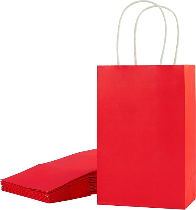 SUNCOLOR 12-Pack Red Gift Bags with Handles, 8 Inch Recyclable Paper Goodie Bags for Birthday Party Favors, Christmas, Valentine's Day, Weddings
